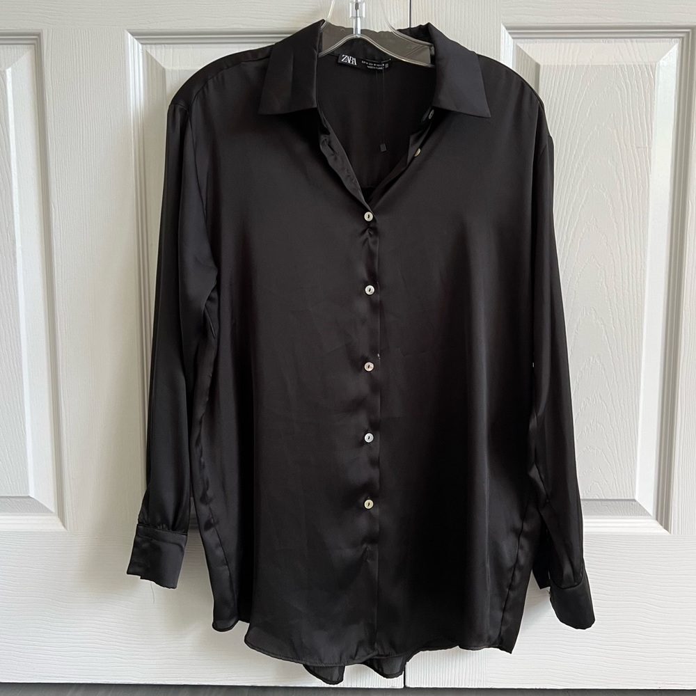 Zara Black Satin Button Down Top